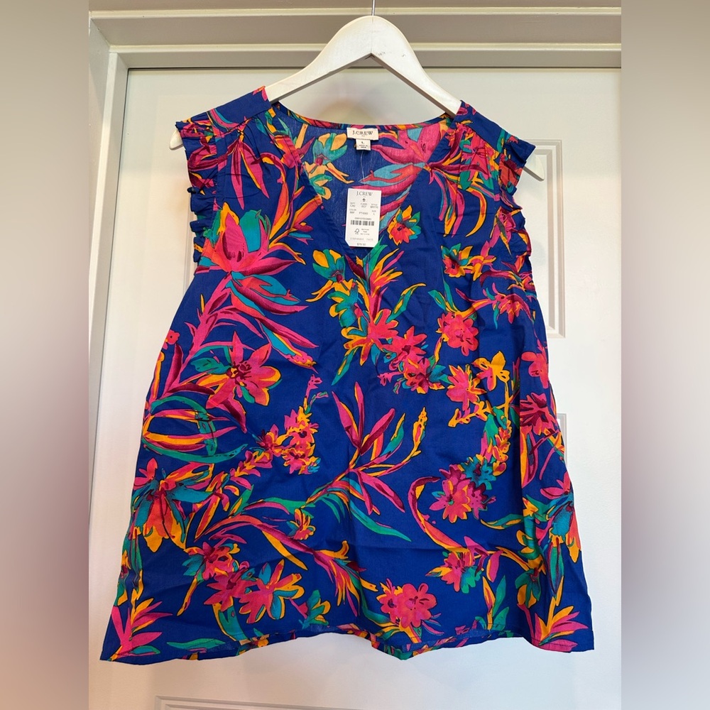 J. Crew Electric Blue Tropical Floral Ruffle-Sleeve Shell